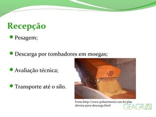 Pesagem;
Descarga por tombadores em moegas;
Avaliação técnica;
Transporte até o silo.
Recepção
Fonte:http://www.poliartmetal.com.br/plat
aforma-para-descarga.html
 