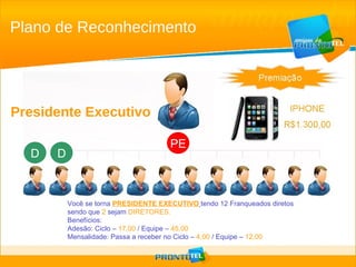 Presidente Executivo Você se torna  PRESIDENTE EXECUTIVO   tendo 12 Franqueados diretos  sendo que  2  sejam  DIRETORES. Benefícios: Adesão: Ciclo –  17,00  / Equipe –  45,00 Mensalidade: Passa a receber no Ciclo –  4,00  / Equipe –  12,00 D D PE Plano de Reconhecimento 