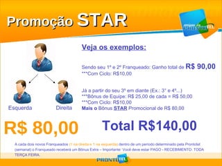 Veja os exemplos: Sendo seu 1º e 2º Franqueado: Ganho total de  R$ 90,00 ***Com Ciclo: R$10,00 Já a partir do seu 3º em diante (Ex.: 3° e 4º...) ***Bônus de Equipe: R$ 25,00 de cada = R$ 50,00 ***Com Ciclo: R$10,00 Mais o  Bônus  STAR  Promocional de R$ 80,00 Total R$140,00 Direita Esquerda Promoção  STAR A cada dois novos Franqueados  (1 na direita e 1 na esquerda)  dentro de um período determinado pela Prontotel (semanal) o Franqueado receberá um Bônus Extra – Importante: Você deve estar PAGO - RECEBIMENTO: TODA TERÇA FEIRA. R$ 80,00 