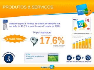 PRODUTOS & SERVIÇOS Mercado supera 6 milhões de clientes de telefonia fixa, um salto de 46,2 % a mais do que o trimestre de 2008. TV por assinatura E muito mais... 