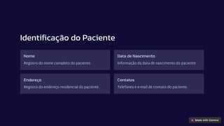 Identificação do Paciente
Nome
Registro do nome completo do paciente.
Data de Nascimento
Informação da data de nascimento do paciente.
Endereço
Registro do endereço residencial do paciente.
Contatos
Telefones e e-mail de contato do paciente.
 