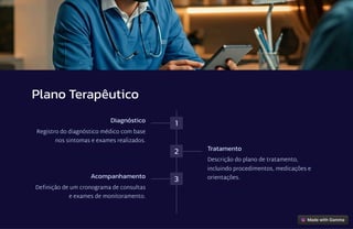 Plano Terapêutico
1
Diagnóstico
Registro do diagnóstico médico com base
nos sintomas e exames realizados.
2 Tratamento
Descrição do plano de tratamento,
incluindo procedimentos, medicações e
orientações.
3
Acompanhamento
Definição de um cronograma de consultas
e exames de monitoramento.
 