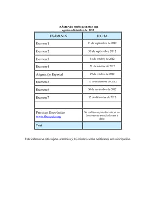 EXÁMENES PRIMER SEMESTRE
                            agosto a diciembre de 2012

                    EXÁMENES                               FECHA

        Examen 1                                   21 de septiembre de 2012


        Examen 2                                   30 de septiembre 2012

        Examen 3                                     14 de octubre de 2012


        Examen 4                                    22 de octubre de 2012


        Asignación Especial                          29 de octubre de 2012


        Examen 5                                   10 de noviembre de 2012


        Examen 6                                   30 de noviembre de 2012


        Examen 7                                   15 de diciembre de 2012




        Practicas Electrónicas                  Se realizaran para fortalecer las
        www.thatquiz.org                         destrezas ya estudiadas en la
                                                             clase.

        Total




Este calendario está sujeto a cambios y los mismos serán notificados con anticipación.
 