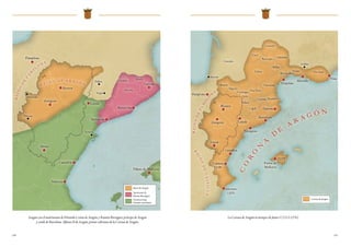 110
Aragón con el matrimonio de Petronila I, reina de Aragón, y Ramón Berenguer, príncipe de Aragón
y conde de Barcelona. Alfonso II de Aragón, primer soberano de la Corona de Aragón.
Reino de Aragón
Aportación de
Ramón Berenguer
Territorio bajo
dominio musulmán
111
La Corona de Aragón en tiempos de Jaime I (1213-1276).
Corona de Aragón
 