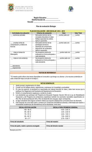 Región Educativa ______________ 
Distrito Escolar de __________________ 
Escuela _____________________________________ 
Plan de evaluación Biología 
PLAN DE EVALUACIÓN AÑO ESCOLAR 2014 – 2015 Actividades de evaluación Criterios de evaluación Valor Valor Total 
___ exámenes parciales 
- Demuestra dominio de los conceptos discutidos en clase. 
- Refleja capacidad de análisis 
- Aplica lo aprendido. 
__ puntos cada uno 
____ puntos 
___ pruebas cortas de comprobación y análisis de lecturas 
- Demuestra dominio de las estrategias de lectura. 
- Destrezas de comprensión 
- Adquisición de vocabulario 
- Aplica lo aprendido. 
__ puntos cada una 
____ puntos 
___ notas en tareas de desempeño 
- Se proveerá la rúbrica de evaluación en forma anticipada a cada estudiante. 
___ puntos cada uno 
____ puntos 
___ notas en otra evidencia 
- Se proveerá la rúbrica de evaluación en forma anticipada a cada estudiante. 
- 
___ puntos cada uno 
____ puntos 
___laboratorios 
- 
___asignaciones 
- 
- 
TEXTOS DE REFERENCIA* 
* El maestro podrá utilizar otros textos disponibles en la escuela o que tenga a su alcance y los recursos contenidos en cada unidad del mapa curricular en la etapa 3. 
NOTAS GENERALES 
1. Asistir puntual y regularmente a la clase. 
2. Cumplir con los trabajos diarios, asignaciones y exámenes con honestidad y puntualidad. 
3. En caso de ausencia, el estudiante es responsable del material discutido en clase y debe traer excusa que la justifique (Ver Reglamento del Estudiante del Departamento de Educación). 
4. Exhibir un comportamiento respetuoso y cordial en el salón. 
5. Los estudiantes que participan del Programa de Educación Especial, Sección 504 de la Ley de Rehabilitación Vocacional y del Programa de Limitaciones Lingüísticas recibirán los acomodos razonables especificados en: PEI, Plan de Servicios/Sección 504 y Plan de Desarrollo del Lenguaje; según corresponda. 
6. Si algún estudiante tiene alguna condición médica que requiera adaptaciones curriculares favor de informarlo. 
7. Este bosquejo de curso está sujeto a cambios por condiciones atmosféricas adversas, enfermedad del maestro o necesidades académicas (de reenseñanza) de los estudiantes, entre otros. 
ESCALA DE EVALUACIÓN ESCALA PARA PROMEDIO GENERAL 
100 – 90 A 
89 – 80 B 
79 – 70 C 
69 – 60 D 
59 – 0 F 
4.00 – 3.50 A 
3.49 – 2.50 B 
2.49 – 1.60 C 
1.59 – 0.80 D 
0.79 – 0.00 F 
Firma del estudiante 
Firma del maestro 
Firma del padre, madre o persona encargada 
Firma del director escolar 
Revisado junio 2014 