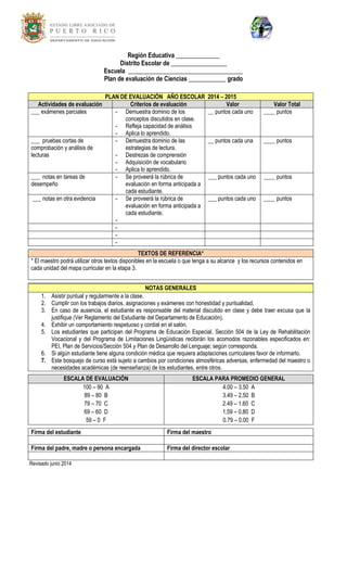 Región Educativa ______________ 
Distrito Escolar de __________________ 
Escuela _____________________________________ 
Plan de evaluación de Ciencias ____________ grado 
PLAN DE EVALUACIÓN AÑO ESCOLAR 2014 – 2015 Actividades de evaluación Criterios de evaluación Valor Valor Total 
___ exámenes parciales 
- Demuestra dominio de los conceptos discutidos en clase. 
- Refleja capacidad de análisis 
- Aplica lo aprendido. 
__ puntos cada uno 
____ puntos 
___ pruebas cortas de comprobación y análisis de lecturas 
- Demuestra dominio de las estrategias de lectura. 
- Destrezas de comprensión 
- Adquisición de vocabulario 
- Aplica lo aprendido. 
__ puntos cada una 
____ puntos 
___ notas en tareas de desempeño 
- Se proveerá la rúbrica de evaluación en forma anticipada a cada estudiante. 
___ puntos cada uno 
____ puntos 
___ notas en otra evidencia 
- Se proveerá la rúbrica de evaluación en forma anticipada a cada estudiante. 
- 
___ puntos cada uno 
____ puntos 
- 
- 
- 
TEXTOS DE REFERENCIA* 
* El maestro podrá utilizar otros textos disponibles en la escuela o que tenga a su alcance y los recursos contenidos en cada unidad del mapa curricular en la etapa 3. 
NOTAS GENERALES 
1. Asistir puntual y regularmente a la clase. 
2. Cumplir con los trabajos diarios, asignaciones y exámenes con honestidad y puntualidad. 
3. En caso de ausencia, el estudiante es responsable del material discutido en clase y debe traer excusa que la justifique (Ver Reglamento del Estudiante del Departamento de Educación). 
4. Exhibir un comportamiento respetuoso y cordial en el salón. 
5. Los estudiantes que participan del Programa de Educación Especial, Sección 504 de la Ley de Rehabilitación Vocacional y del Programa de Limitaciones Lingüísticas recibirán los acomodos razonables especificados en: PEI, Plan de Servicios/Sección 504 y Plan de Desarrollo del Lenguaje; según corresponda. 
6. Si algún estudiante tiene alguna condición médica que requiera adaptaciones curriculares favor de informarlo. 
7. Este bosquejo de curso está sujeto a cambios por condiciones atmosféricas adversas, enfermedad del maestro o necesidades académicas (de reenseñanza) de los estudiantes, entre otros. 
ESCALA DE EVALUACIÓN ESCALA PARA PROMEDIO GENERAL 
100 – 90 A 
89 – 80 B 
79 – 70 C 
69 – 60 D 
59 – 0 F 
4.00 – 3.50 A 
3.49 – 2.50 B 
2.49 – 1.60 C 
1.59 – 0.80 D 
0.79 – 0.00 F 
Firma del estudiante 
Firma del maestro 
Firma del padre, madre o persona encargada 
Firma del director escolar 
Revisado junio 2014 