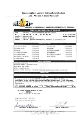 196
Documentação do Leonardo Matheus Pereira Barbosa
ASO – Atestado de Saúde Ocupacioal
 