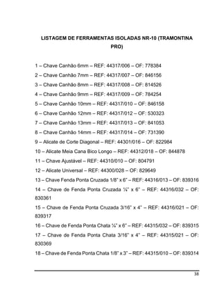 38
LISTAGEM DE FERRAMENTAS ISOLADAS NR-10 (TRAMONTINA
PRO)
1 – Chave Canhão 6mm – REF: 44317/006 – OF: 778384
2 – Chave Canhão 7mm – REF: 44317/007 – OF: 846156
3 – Chave Canhão 8mm – REF: 44317/008 – OF: 814526
4 – Chave Canhão 9mm – REF: 44317/009 – OF: 784254
5 – Chave Canhão 10mm – REF: 44317/010 – OF: 846158
6 – Chave Canhão 12mm – REF: 44317/012 – OF: 530323
7 – Chave Canhão 13mm – REF: 44317/013 – OF: 841053
8 – Chave Canhão 14mm – REF: 44317/014 – OF: 731390
9 – Alicate de Corte Diagonal – REF: 44301/016 – OF: 822984
10 – Alicate Meia Cana Bico Longo – REF: 44312/018 – OF: 844878
11 – Chave Ajustável – REF: 44310/010 – OF: 804791
12 – Alicate Universal – REF: 44300/028 – OF: 829649
13 – Chave Fenda Ponta Cruzada 1/8” x 6” – REF: 44316/013 – OF: 839316
14 – Chave de Fenda Ponta Cruzada ¼” x 6” – REF: 44316/032 – OF:
830361
15 – Chave de Fenda Ponta Cruzada 3/16” x 4” – REF: 44316/021 – OF:
839317
16 – Chave de Fenda Ponta Chata ¼” x 6” – REF: 44315/032 – OF: 839315
17 – Chave de Fenda Ponta Chata 3/16” x 4” – REF: 44315/021 – OF:
830369
18 – Chave de Fenda Ponta Chata 1/8” x 3” – REF: 44315/010 – OF: 839314
 