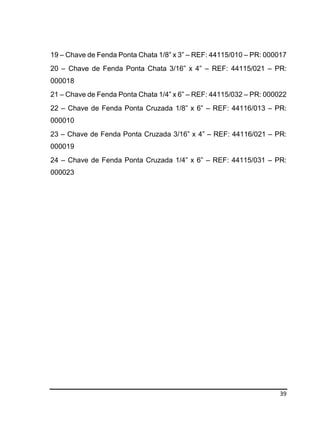 39
19 – Chave de Fenda Ponta Chata 1/8” x 3” – REF: 44115/010 – PR: 000017
20 – Chave de Fenda Ponta Chata 3/16” x 4” – REF: 44115/021 – PR:
000018
21 – Chave de Fenda Ponta Chata 1/4” x 6” – REF: 44115/032 – PR: 000022
22 – Chave de Fenda Ponta Cruzada 1/8” x 6” – REF: 44116/013 – PR:
000010
23 – Chave de Fenda Ponta Cruzada 3/16” x 4” – REF: 44116/021 – PR:
000019
24 – Chave de Fenda Ponta Cruzada 1/4” x 6” – REF: 44115/031 – PR:
000023
 