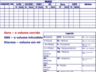 A
s
p
e
c
t
o A
sp
ec
to V
ol.
V
ol.
V
Ô
M
I
T
O
S
V
ol. A
s
p
e
c
t
o
S
N
G O
U
T
R
O
S
A
s
p
e
c
t
o
B
A
L
A
N
Ç
O
A
s
s
i
n
a
t
u
r
a
D
r
e
n
o
s
S
O
R
O S
N
E D
I
U
R
E
S
E
V
o
l. A
sp
ec
to
H
O
R
A E
V
A
C
U
A
Ç
Õ
E
S
V
ol. A
s
p
e
c
t
o V
ol.
Soro – o volume corrido
SNE – o volume infundido
Diurese – volume em ml
Legenda
0 Ausente ESV - Esverdeado FL - Fez. Líquídas
+ Pouco Br - Branco FSL - Fez. Semi-líquídas
++ Médio P - Purulento FSP - Fez. Semi-
pastosas
+++ Muito Sg - Sanguinolento FLP - Fez. Pastosas
++++
Extrema
qtdade
ME - Melena DLD - Decúbito lateral
direito
AC -
Amarelo
claro
EP - Espesso DLE - Decúbito lateral
esquerdo
AE -
Amarelo
escuro
F - Fluído DV- Decúbito Ventral
 