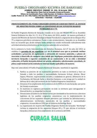 PUEBLO ORIGINARIO KICHWA DE SARAYAKU
ACUERDO EJECUTIVO CODENPE No. 024, 10 de junio 2004.
Sede Ejecutiva: Plaza Central Sa...