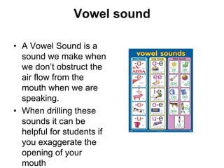 Vowel sound
• A Vowel Sound is a
sound we make when
we don’t obstruct the
air flow from the
mouth when we are
speaking.
• When drilling these
sounds it can be
helpful for students if
you exaggerate the
opening of your
mouth

 
