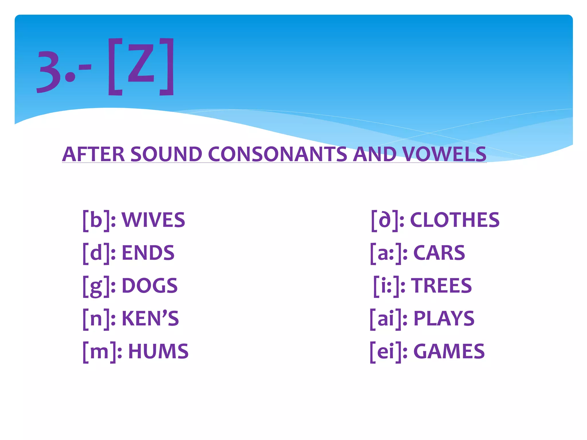 AFTER SOUND CONSONANTS AND VOWELS
[b]: WIVES [∂]: CLOTHES
[d]: ENDS [a:]: CARS
[g]: DOGS [i:]: TREES
[n]: KEN’S [ai]: PLAYS
[m]: HUMS [ei]: GAMES
3.- [Z]
 