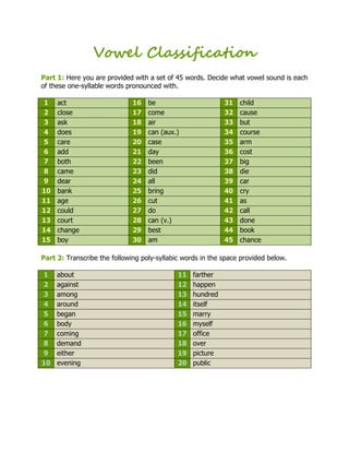 Vowel Classification
Part 1: Here you are provided with a set of 45 words. Decide what vowel sound is each
of these one-syllable words pronounced with.

1    act                      16   be                       31   child
2    close                    17   come                     32   cause
3    ask                      18   air                      33   but
4    does                     19   can (aux.)               34   course
5    care                     20   case                     35   arm
6    add                      21   day                      36   cost
7    both                     22   been                     37   big
8    came                     23   did                      38   die
9    dear                     24   all                      39   car
10   bank                     25   bring                    40   cry
11   age                      26   cut                      41   as
12   could                    27   do                       42   call
13   court                    28   can (v.)                 43   done
14   change                   29   best                     44   book
15   boy                      30   am                       45   chance

Part 2: Transcribe the following poly-syllabic words in the space provided below.

1    about                                   11   farther
2    against                                 12   happen
3    among                                   13   hundred
4    around                                  14   itself
5    began                                   15   marry
6    body                                    16   myself
7    coming                                  17   office
8    demand                                  18   over
9    either                                  19   picture
10   evening                                 20   public
 