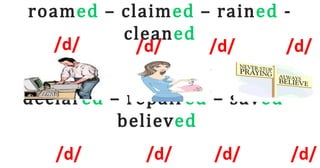 roamed – claimed – rained -
cleaned
declared – repaired – saved -
believed
/d/
/d/ /d/ /d/ /d/
/d/ /d/ /d/
 