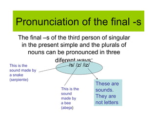 Pronunciation of the final -s The final –s of the third person of singular in the present simple and the plurals of nouns can be pronounced in three diferent ways : /s/ /z/ /iz/ These are sounds.  They are not letters This is the sound made by a snake (serpiente) This is the sound made by a bee (abeja ) 