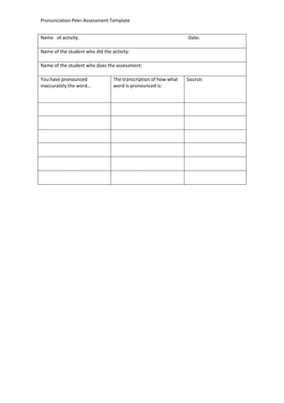 Pronunciation Peer-Assessment Template


Name of activity:                                                Date:

Name of the student who did the activity:

Name of the student who does the assessment:

You have pronounced              The transcription of how what   Source:
inaccurately the word...         word is pronounced is:
 