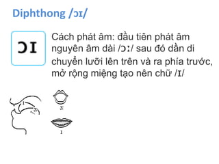 Diphthong /ɔɪ/
Cách phát âm: đầu tiên phát âm
nguyên âm dài /ɔː/ sau đó dần di
chuyển lưỡi lên trên và ra phía trước,
mở rộng miệng tạo nên chữ /ɪ/
 