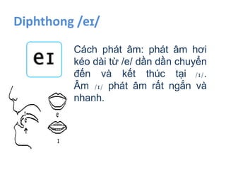 Diphthong /eɪ/
Cách phát âm: phát âm hơi
kéo dài từ /e/ dần dần chuyển
đến và kết thúc tại /ɪ/.
Âm /ɪ/ phát âm rất ngắn và
nhanh.
 