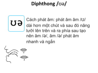 Diphthong /ʊə/
Cách phát âm: phát âm âm /ʊ/
dài hơn một chút và sau đó nâng
lưỡi lên trên và ra phía sau tạo
nên âm /ə/, âm /ə/ phát âm
nhanh và ngắn
 
