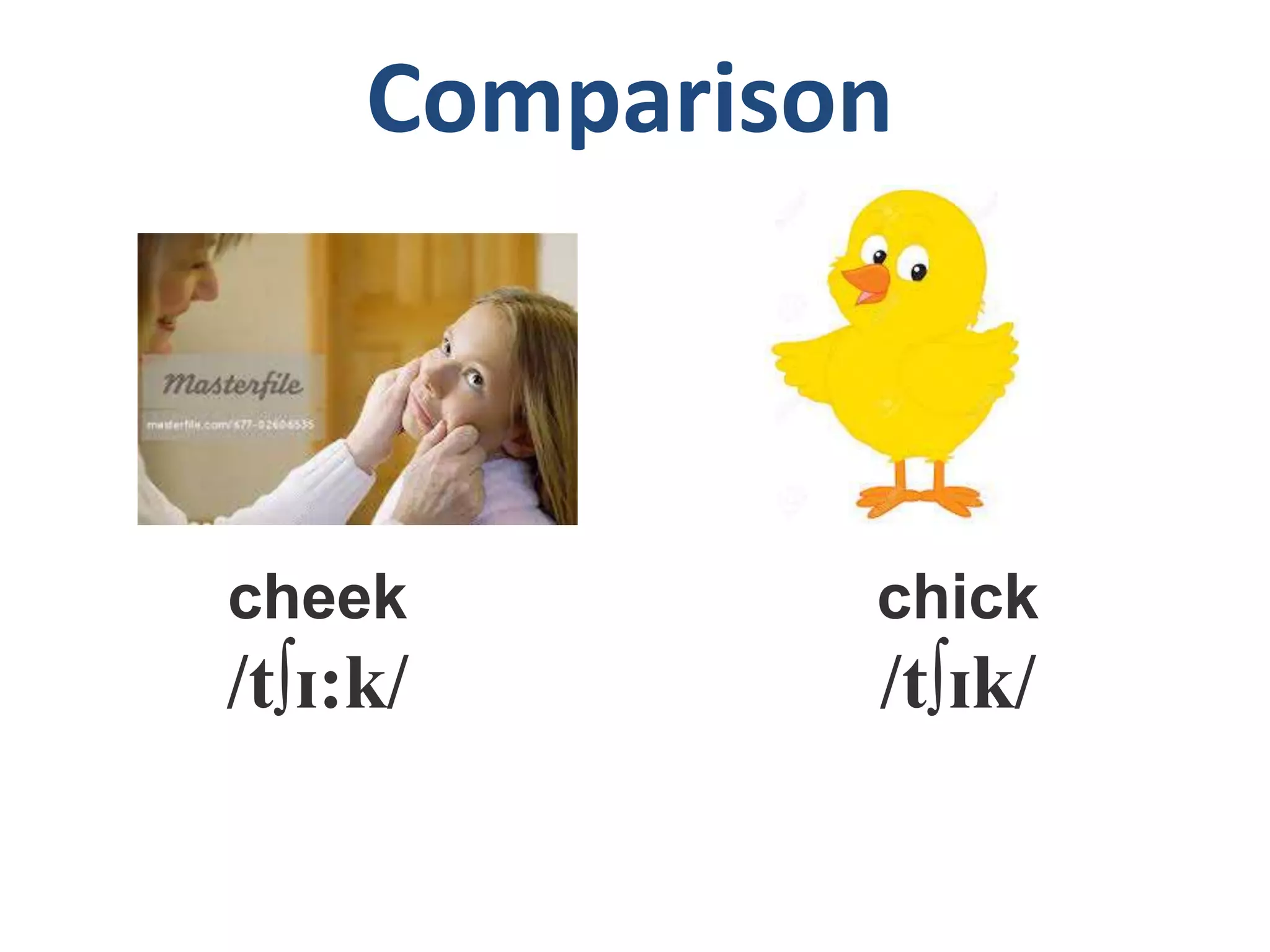 Comparison
cheek
/t∫ɪ:k/
chick
/t∫ɪk/
 