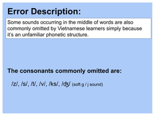 Error Description:
Some sounds occurring in the middle of words are also
commonly omitted by Vietnamese learners simply because
it’s an unfamiliar phonetic structure.
The consonants commonly omitted are:
/z/, /s/, /t/, /v/, /ks/, /ʤ/ (soft g / j sound)
 