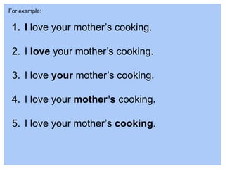For example:
1. I love your mother’s cooking.
2. I love your mother’s cooking.
3. I love your mother’s cooking.
4. I love your mother’s cooking.
5. I love your mother’s cooking.
 