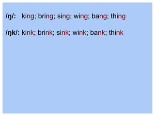 /ŋ/: king; bring; sing; wing; bang; thing
/ŋk/: kink; brink; sink; wink; bank; think
 