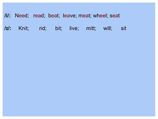 /i/: Need; read; beat; leave; meat; wheel; seat
/ɪ/: Knit; rid; bit; live; mitt; will; sit
 