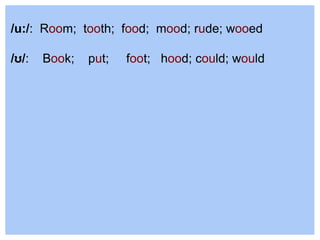 /u:/: Room; tooth; food; mood; rude; wooed
/ʊ/: Book; put; foot; hood; could; would
 