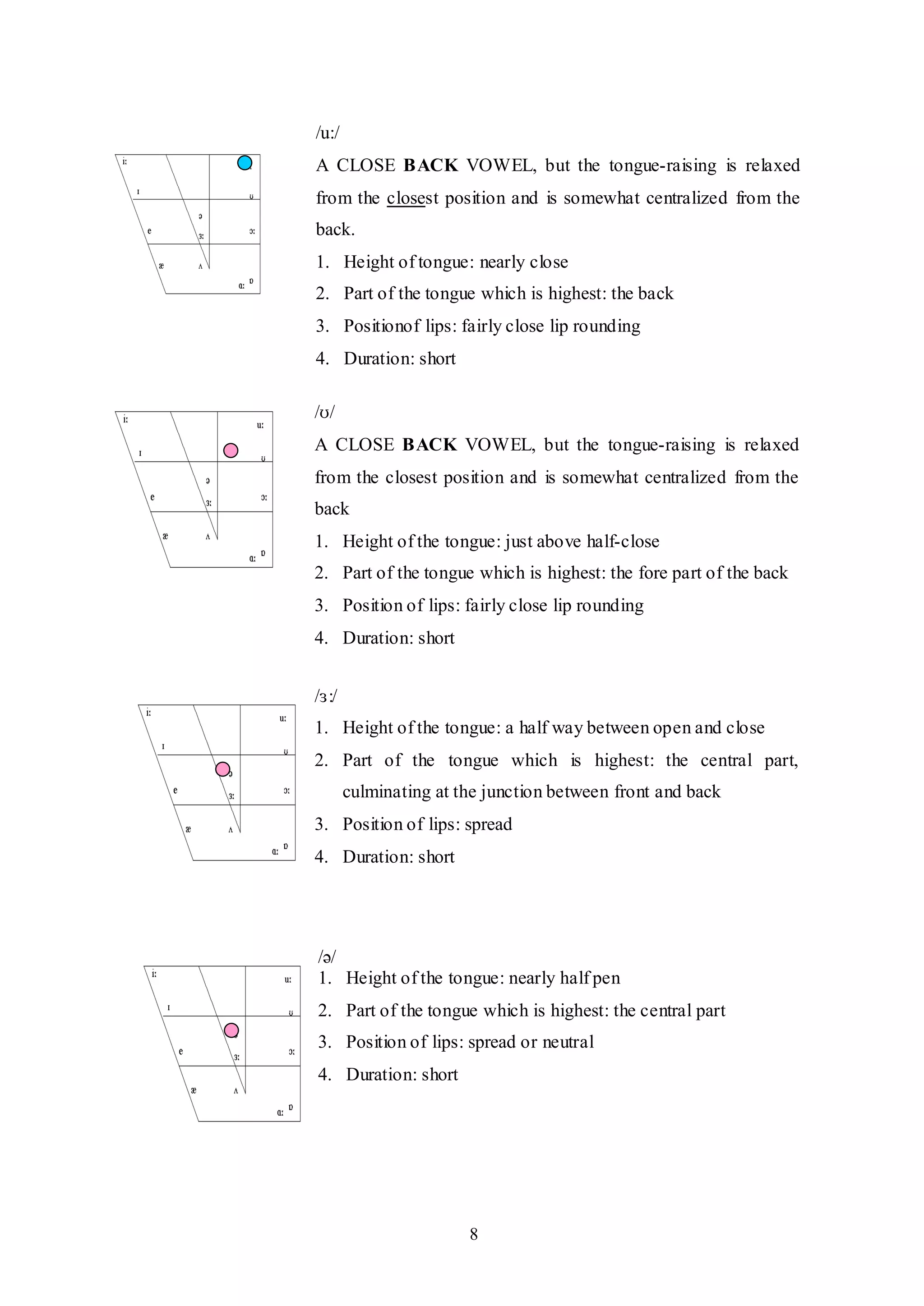 8
/u:/
A CLOSE BACK VOWEL, but the tongue-raising is relaxed
from the closest position and is somewhat centralized from the
back.
1. Height of tongue: nearly close
2. Part of the tongue which is highest: the back
3. Positionof lips: fairly close lip rounding
4. Duration: short
/ʊ/
A CLOSE BACK VOWEL, but the tongue-raising is relaxed
from the closest position and is somewhat centralized from the
back
1. Height of the tongue: just above half-close
2. Part of the tongue which is highest: the fore part of the back
3. Position of lips: fairly close lip rounding
4. Duration: short
/ə/
1. Height of the tongue: nearly half pen
2. Part of the tongue which is highest: the central part
3. Position of lips: spread or neutral
4. Duration: short
/ɜ:/
1. Height of the tongue: a half way between open and close
2. Part of the tongue which is highest: the central part,
culminating at the junction between front and back
3. Position of lips: spread
4. Duration: short
5.
 