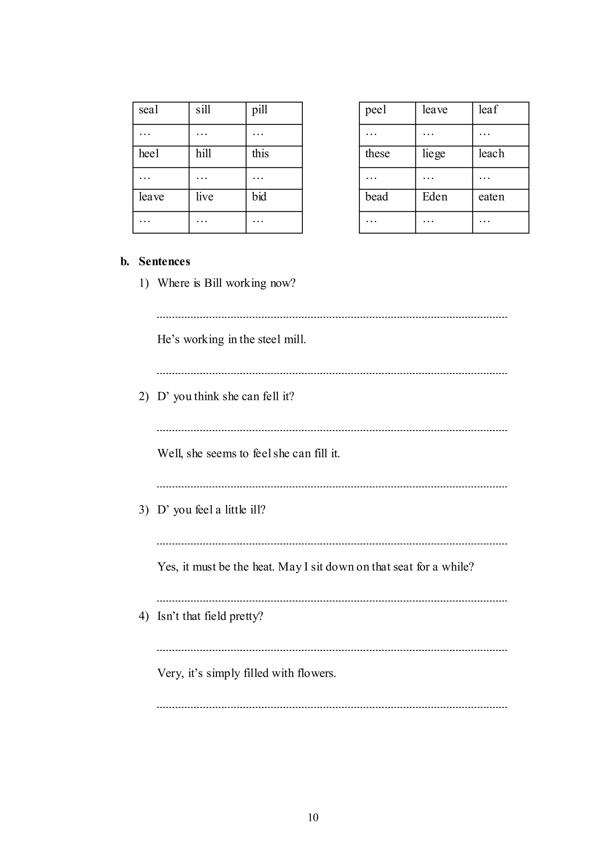 10
seal sill pill peel leave leaf
… … … … … …
heel hill this these liege leach
… … … … … …
leave live bid bead Eden eaten
… … … … … …
b. Sentences
1) Where is Bill working now?
He‟s working in the steel mill.
2) D‟ you think she can fell it?
Well, she seems to feel she can fill it.
3) D‟ you feel a little ill?
Yes, it must be the heat. May I sit down on that seat for a while?
4) Isn‟t that field pretty?
Very, it‟s simply filled with flowers.
 
