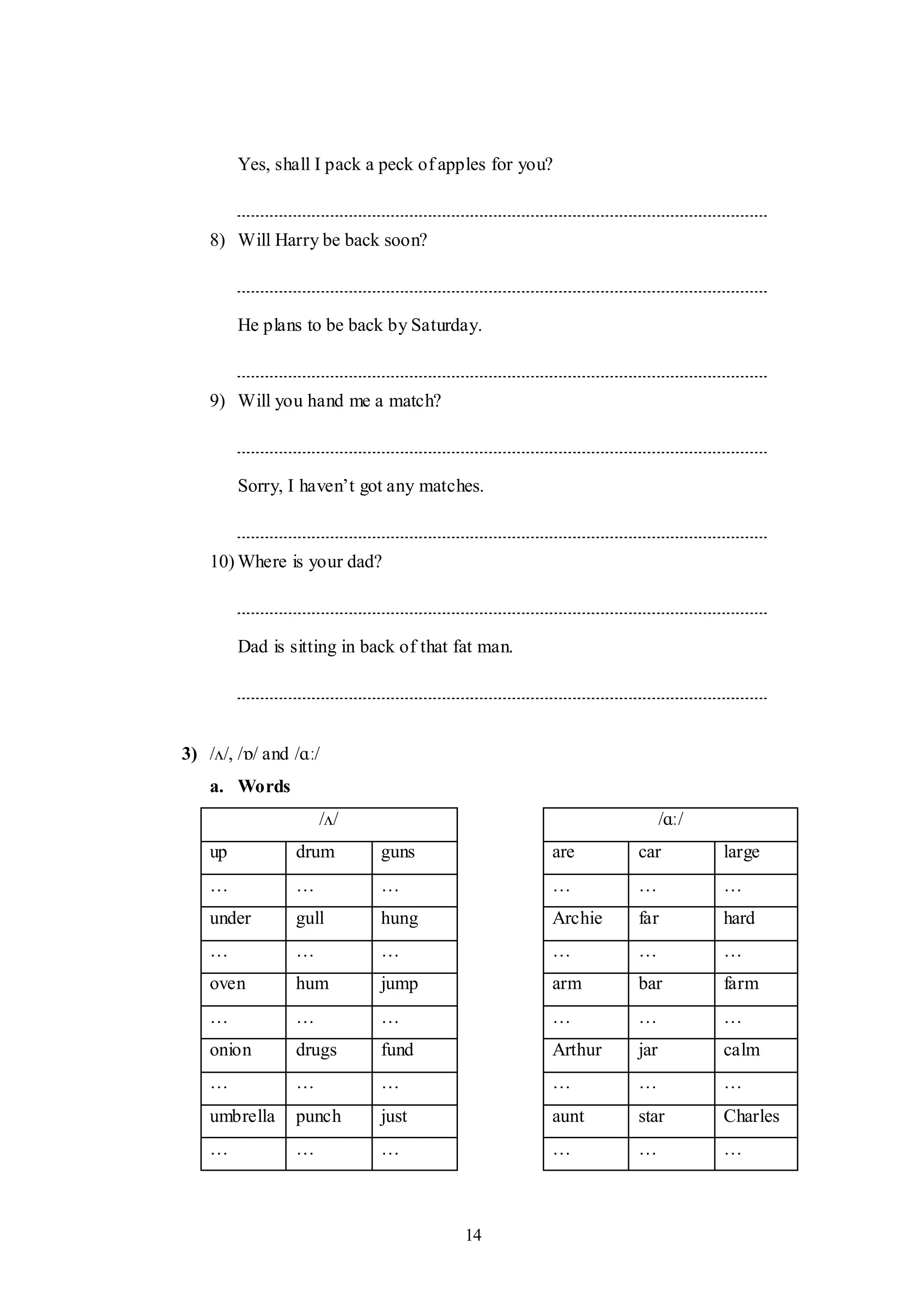 14
Yes, shall I pack a peck of apples for you?
8) Will Harry be back soon?
He plans to be back by Saturday.
9) Will you hand me a match?
Sorry, I haven‟t got any matches.
10) Where is your dad?
Dad is sitting in back of that fat man.
3) /ʌ/, /ɒ/ and /ɑː/
a. Words
/ʌ/ /ɑː/
up drum guns are car large
… … … … … …
under gull hung Archie far hard
… … … … … …
oven hum jump arm bar farm
… … … … … …
onion drugs fund Arthur jar calm
… … … … … …
umbrella punch just aunt star Charles
… … … … … …
 