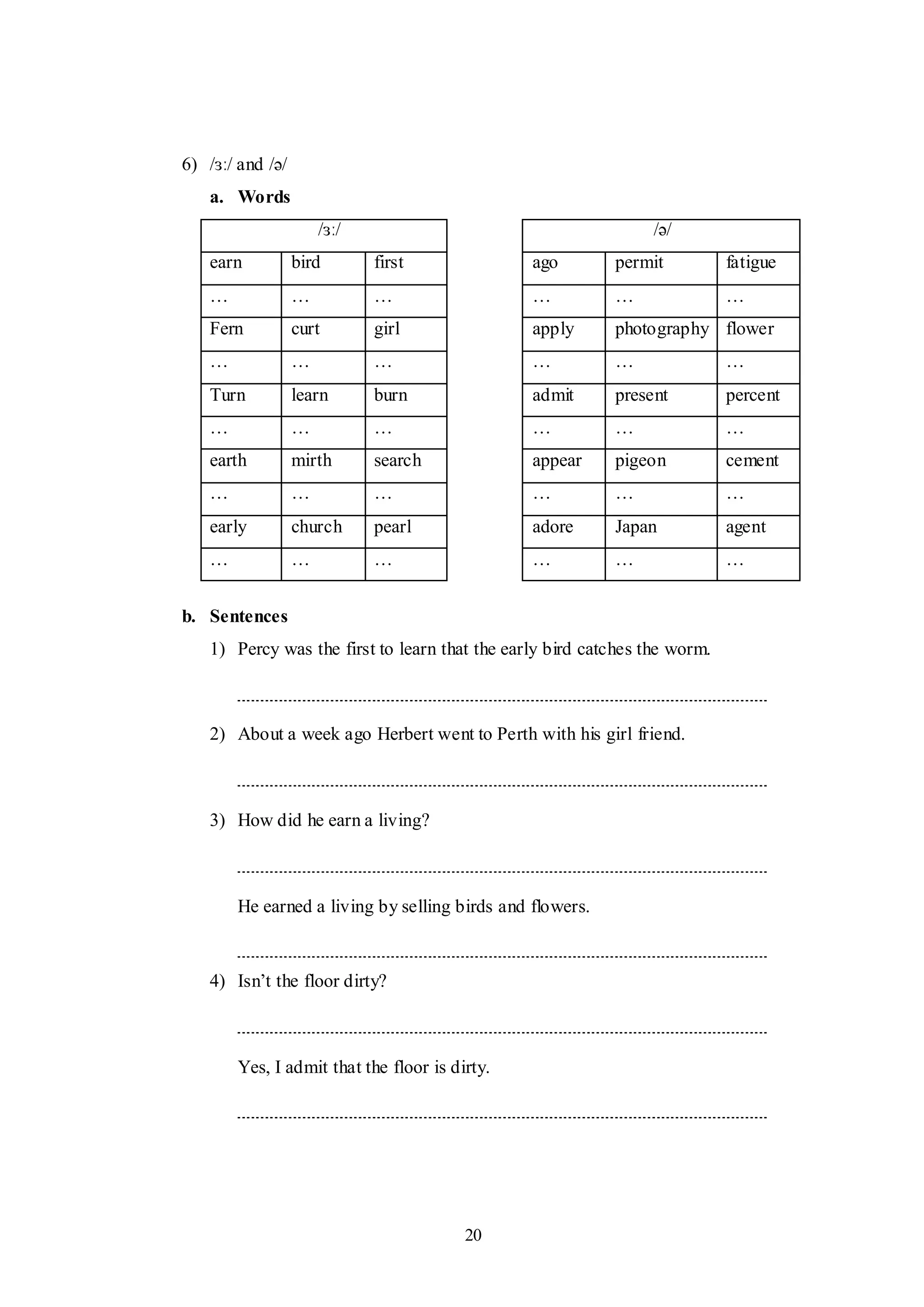 20
6) /ɜː/ and /ə/
a. Words
/ɜː/ /ə/
earn bird first ago permit fatigue
… … … … … …
Fern curt girl apply photography flower
… … … … … …
Turn learn burn admit present percent
… … … … … …
earth mirth search appear pigeon cement
… … … … … …
early church pearl adore Japan agent
… … … … … …
b. Sentences
1) Percy was the first to learn that the early bird catches the worm.
2) About a week ago Herbert went to Perth with his girl friend.
3) How did he earn a living?
He earned a living by selling birds and flowers.
4) Isn‟t the floor dirty?
Yes, I admit that the floor is dirty.
 