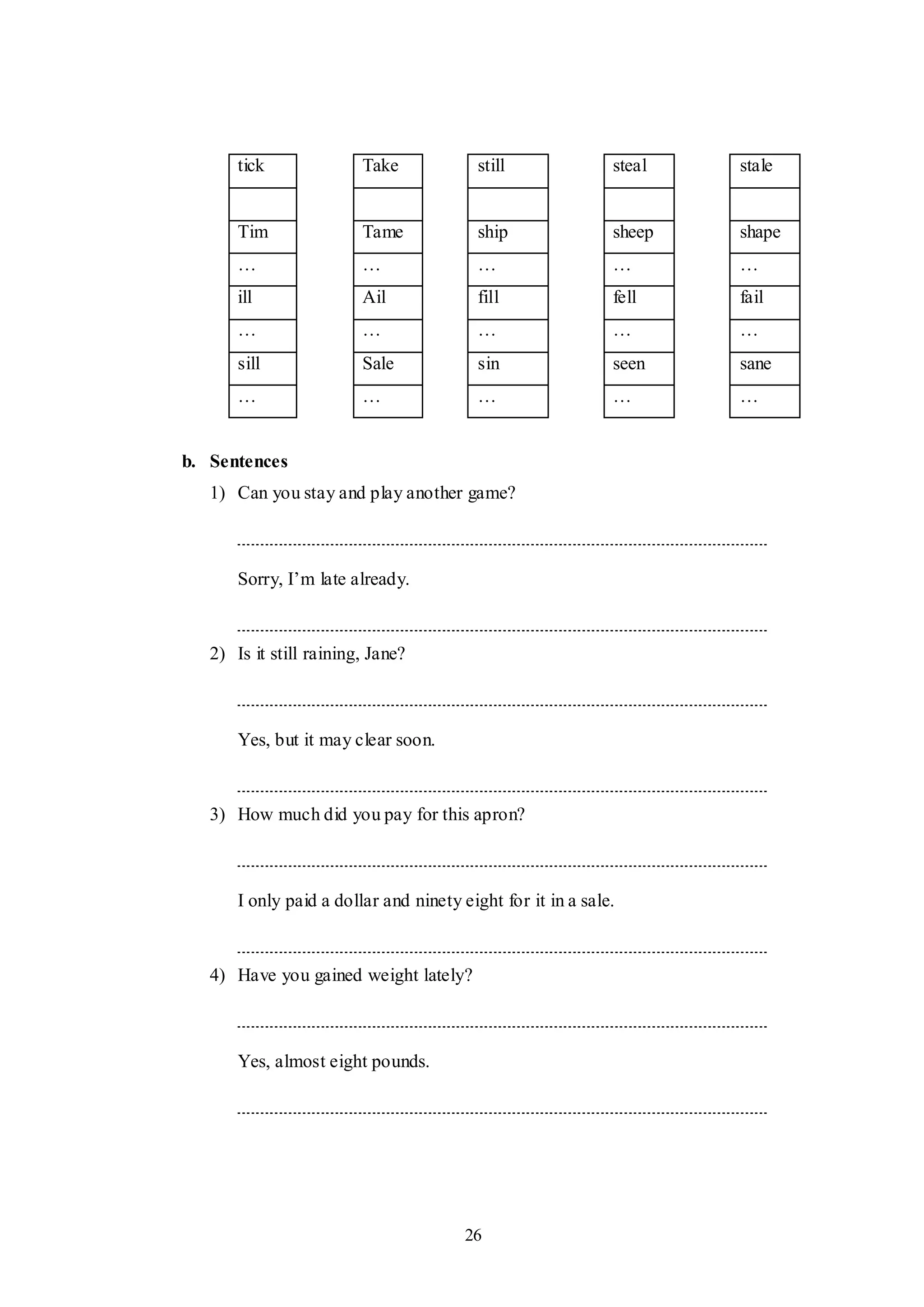 26
tick Take still steal stale
Tim Tame ship sheep shape
… … … … …
ill Ail fill fell fail
… … … … …
sill Sale sin seen sane
… … … … …
b. Sentences
1) Can you stay and play another game?
Sorry, I‟m late already.
2) Is it still raining, Jane?
Yes, but it may clear soon.
3) How much did you pay for this apron?
I only paid a dollar and ninety eight for it in a sale.
4) Have you gained weight lately?
Yes, almost eight pounds.
 
