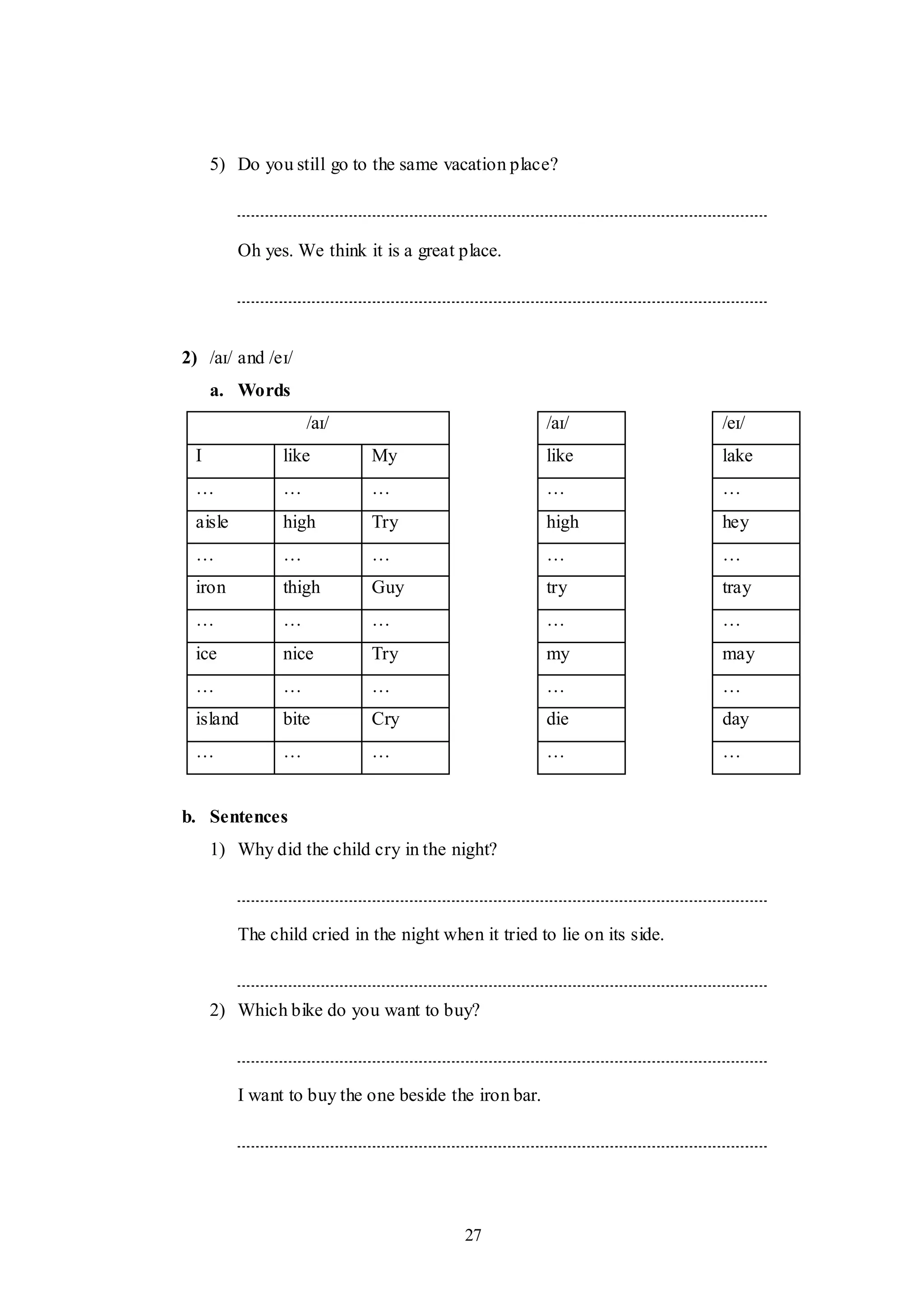 27
5) Do you still go to the same vacation place?
Oh yes. We think it is a great place.
2) /aɪ/ and /eɪ/
a. Words
/aɪ/ /aɪ/ /eɪ/
I like My like lake
… … … … …
aisle high Try high hey
… … … … …
iron thigh Guy try tray
… … … … …
ice nice Try my may
… … … … …
island bite Cry die day
… … … … …
b. Sentences
1) Why did the child cry in the night?
The child cried in the night when it tried to lie on its side.
2) Which bike do you want to buy?
I want to buy the one beside the iron bar.
 