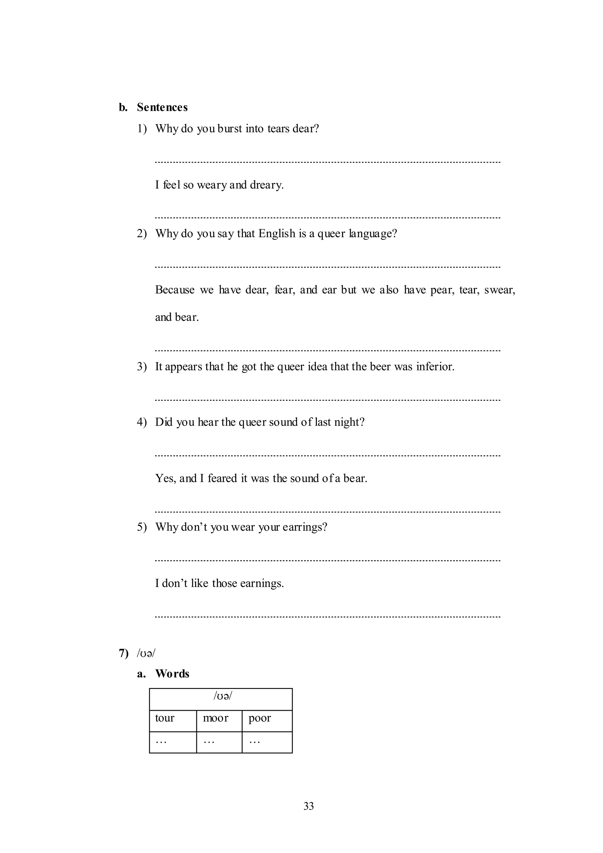 33
b. Sentences
1) Why do you burst into tears dear?
I feel so weary and dreary.
2) Why do you say that English is a queer language?
Because we have dear, fear, and ear but we also have pear, tear, swear,
and bear.
3) It appears that he got the queer idea that the beer was inferior.
4) Did you hear the queer sound of last night?
Yes, and I feared it was the sound of a bear.
5) Why don‟t you wear your earrings?
I don‟t like those earnings.
7) /ʊə/
a. Words
/ʊə/
tour moor poor
… … …
 