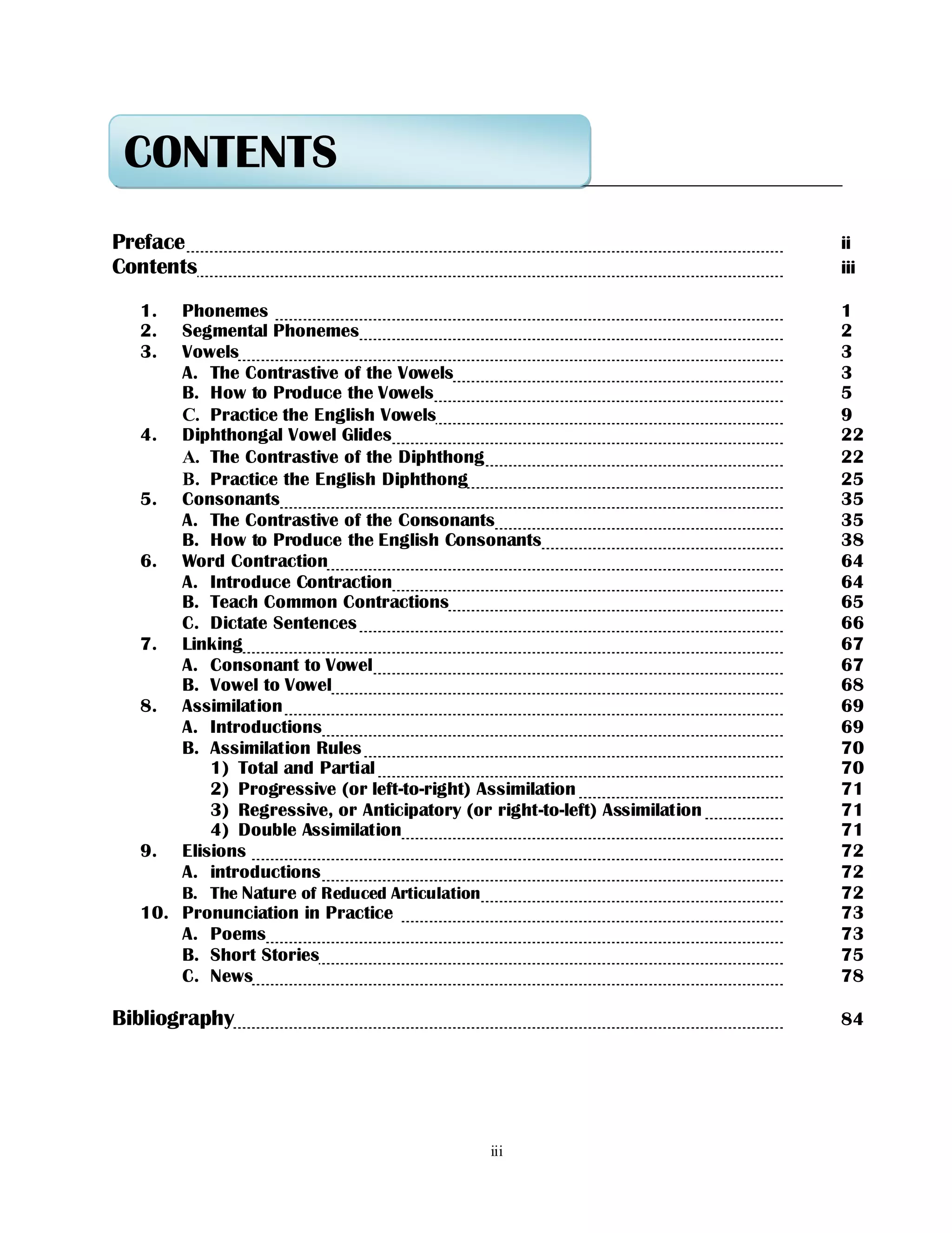 iii
Preface ii
Contents iii
1. Phonemes 1
2. Segmental Phonemes 2
3. Vowels 3
A. The Contrastive of the Vowels 3
B. How to Produce the Vowels 5
C. Practice the English Vowels 9
4. Diphthongal Vowel Glides 22
A. The Contrastive of the Diphthong 22
B. Practice the English Diphthong 25
5. Consonants 35
A. The Contrastive of the Consonants 35
B. How to Produce the English Consonants 38
6. Word Contraction 64
A. Introduce Contraction 64
B. Teach Common Contractions 65
C. Dictate Sentences 66
7. Linking 67
A. Consonant to Vowel 67
B. Vowel to Vowel 68
8. Assimilation 69
A. Introductions 69
B. Assimilation Rules 70
1) Total and Partial 70
2) Progressive (or left-to-right) Assimilation 71
3) Regressive, or Anticipatory (or right-to-left) Assimilation 71
4) Double Assimilation 71
9. Elisions 72
A. introductions 72
B. The Nature of Reduced Articulation 72
10. Pronunciation in Practice 73
A. Poems 73
B. Short Stories 75
C. News 78
Bibliography 84
CONTENTS
 