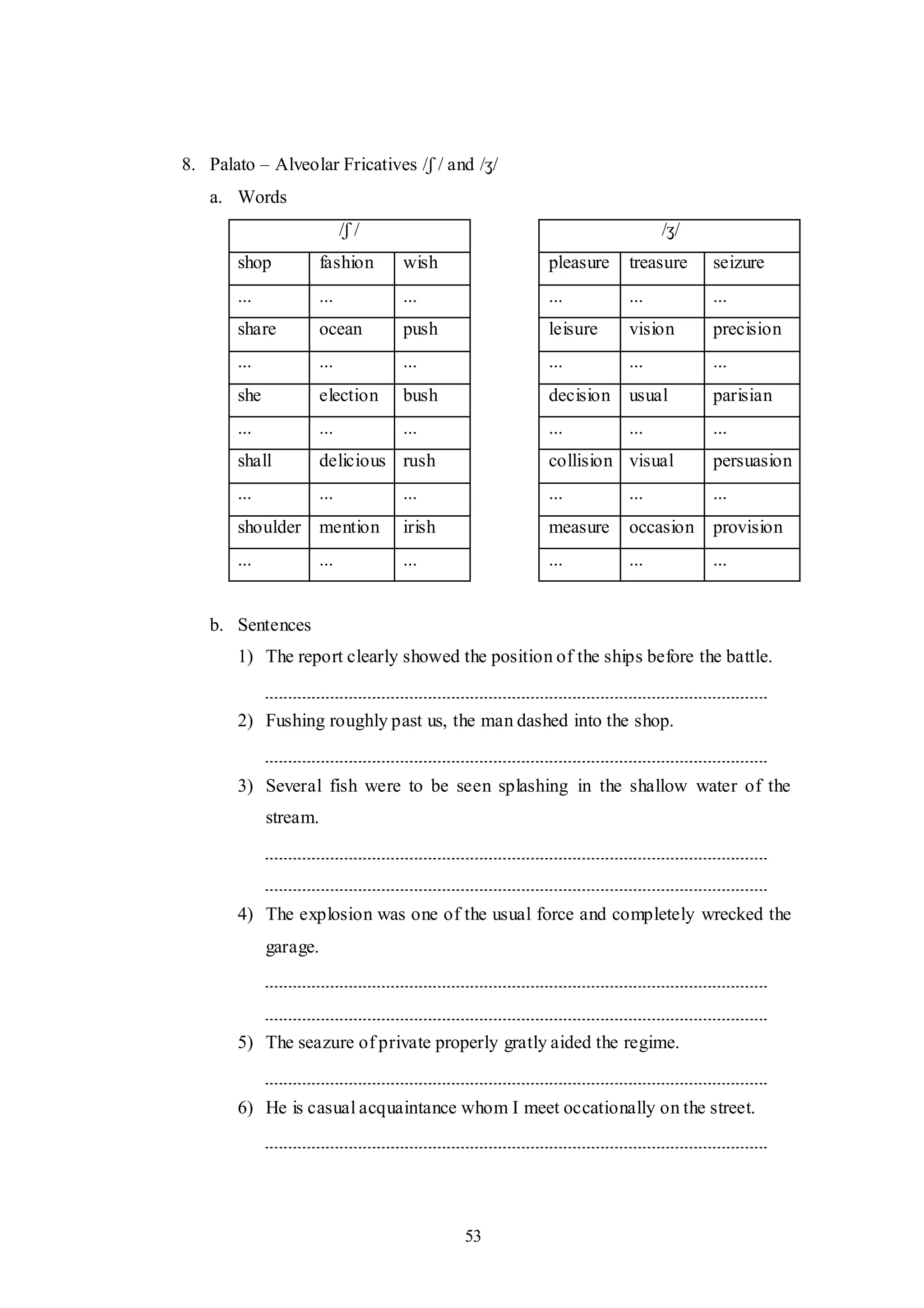 53
8. Palato – Alveolar Fricatives /ʃ / and /ʒ/
a. Words
/ʃ / /ʒ/
shop fashion wish pleasure treasure seizure
... ... ... ... ... ...
share ocean push leisure vision precision
... ... ... ... ... ...
she election bush decision usual parisian
... ... ... ... ... ...
shall delicious rush collision visual persuasion
... ... ... ... ... ...
shoulder mention irish measure occasion provision
... ... ... ... ... ...
b. Sentences
1) The report clearly showed the position of the ships before the battle.
2) Fushing roughly past us, the man dashed into the shop.
3) Several fish were to be seen splashing in the shallow water of the
stream.
4) The explosion was one of the usual force and completely wrecked the
garage.
5) The seazure of private properly gratly aided the regime.
6) He is casual acquaintance whom I meet occationally on the street.
 