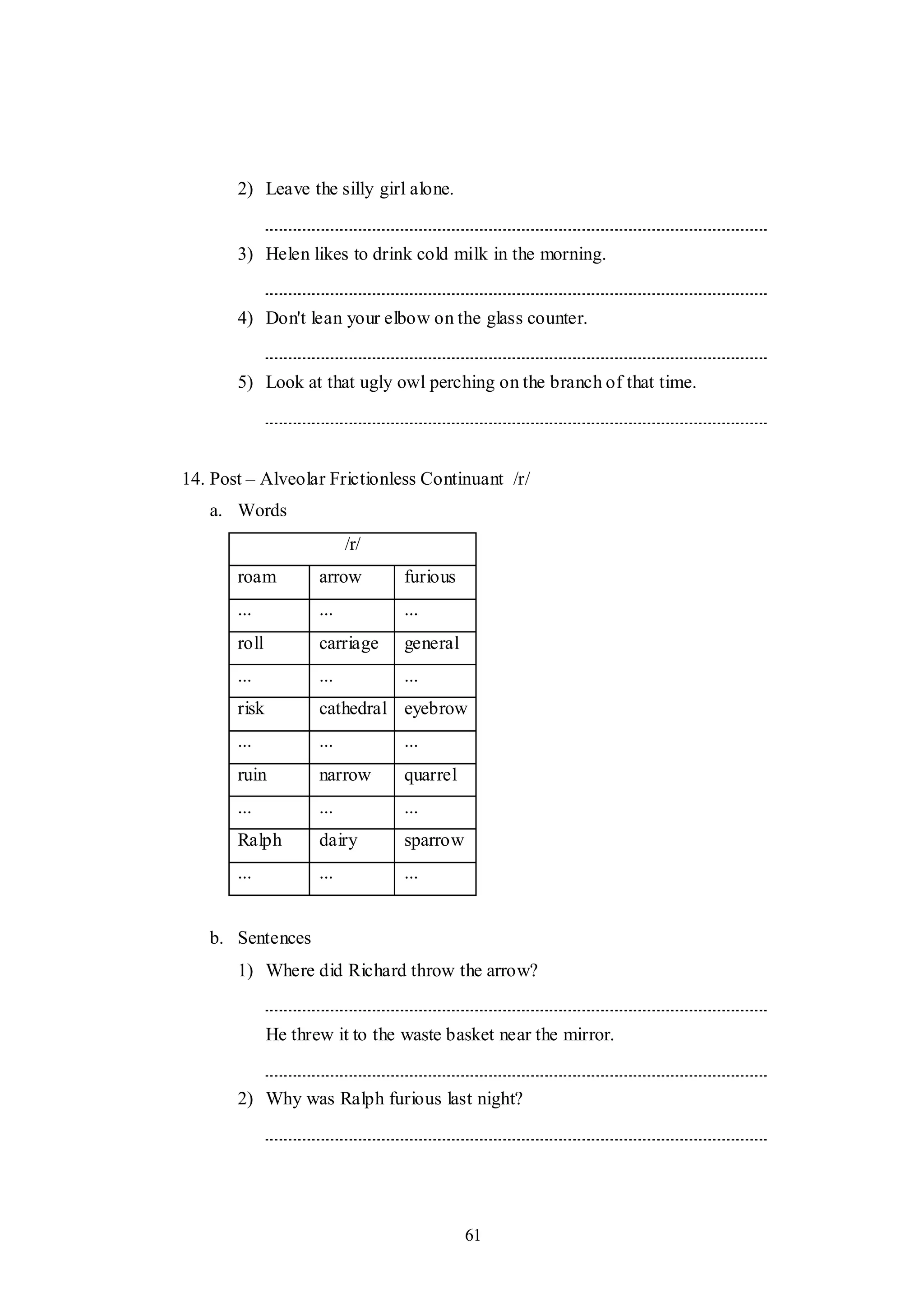 61
2) Leave the silly girl alone.
3) Helen likes to drink cold milk in the morning.
4) Don't lean your elbow on the glass counter.
5) Look at that ugly owl perching on the branch of that time.
14. Post – Alveolar Frictionless Continuant /r/
a. Words
/r/
roam arrow furious
... ... ...
roll carriage general
... ... ...
risk cathedral eyebrow
... ... ...
ruin narrow quarrel
... ... ...
Ralph dairy sparrow
... ... ...
b. Sentences
1) Where did Richard throw the arrow?
He threw it to the waste basket near the mirror.
2) Why was Ralph furious last night?
 