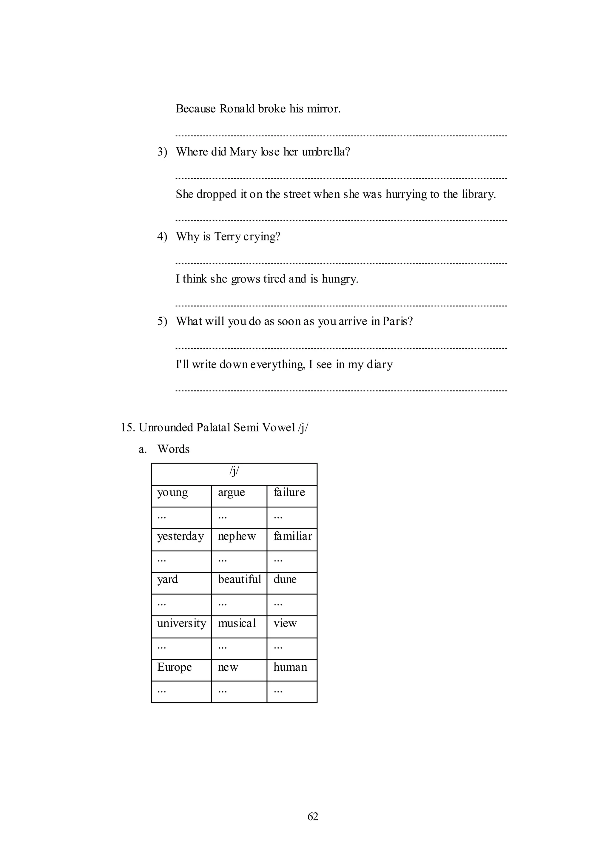 62
Because Ronald broke his mirror.
3) Where did Mary lose her umbrella?
She dropped it on the street when she was hurrying to the library.
4) Why is Terry crying?
I think she grows tired and is hungry.
5) What will you do as soon as you arrive in Paris?
I'll write down everything, I see in my diary
15. Unrounded Palatal Semi Vowel /j/
a. Words
/j/
young argue failure
... ... ...
yesterday nephew familiar
... ... ...
yard beautiful dune
... ... ...
university musical view
... ... ...
Europe new human
... ... ...
 