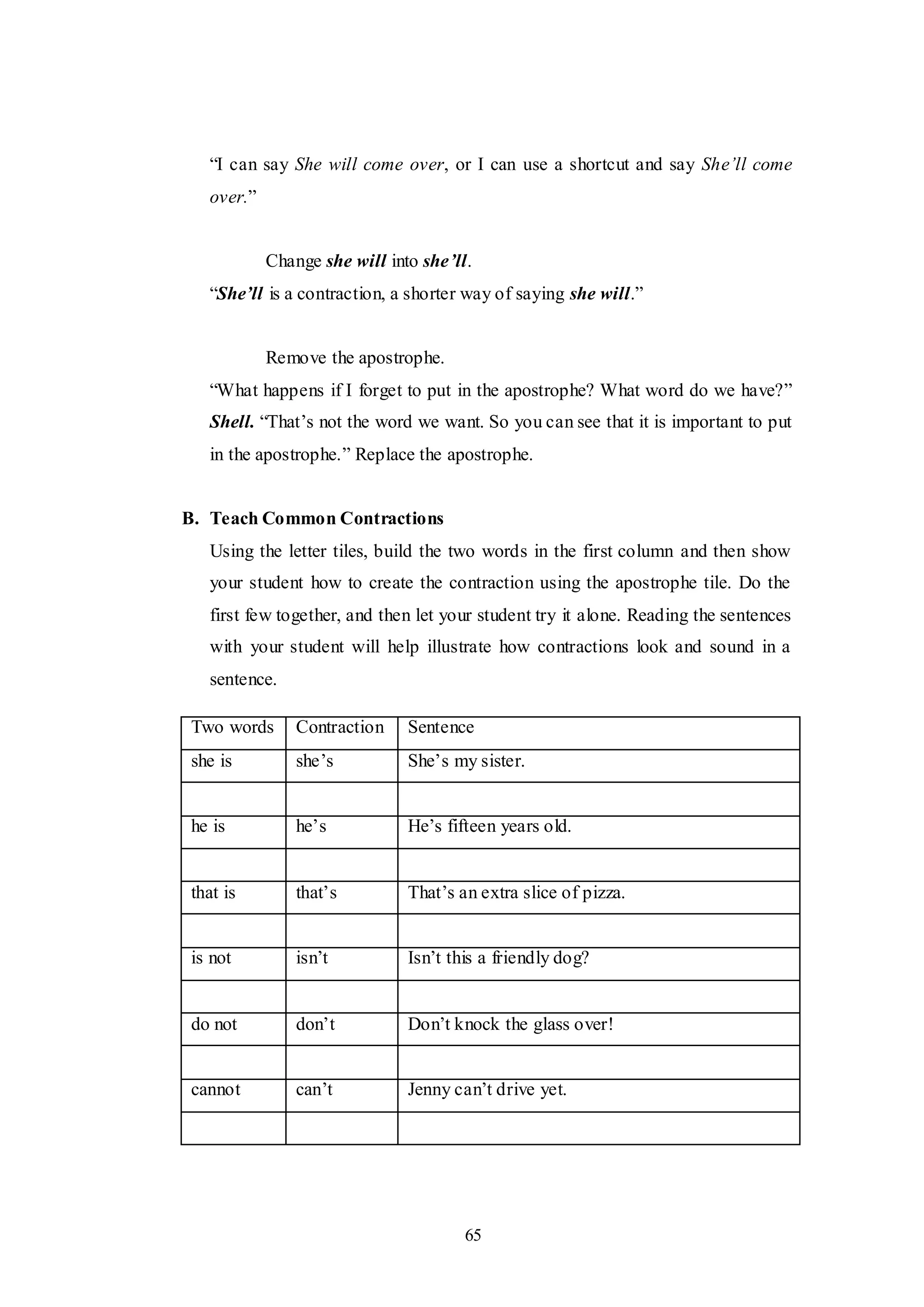 65
“I can say She will come over, or I can use a shortcut and say She‟ll come
over.”
Change she will into she’ll.
“She’ll is a contraction, a shorter way of saying she will.”
Remove the apostrophe.
“What happens if I forget to put in the apostrophe? What word do we have?”
Shell. “That‟s not the word we want. So you can see that it is important to put
in the apostrophe.” Replace the apostrophe.
B. Teach Common Contractions
Using the letter tiles, build the two words in the first column and then show
your student how to create the contraction using the apostrophe tile. Do the
first few together, and then let your student try it alone. Reading the sentences
with your student will help illustrate how contractions look and sound in a
sentence.
Two words Contraction Sentence
she is she‟s She‟s my sister.
he is he‟s He‟s fifteen years old.
that is that‟s That‟s an extra slice of pizza.
is not isn‟t Isn‟t this a friendly dog?
do not don‟t Don‟t knock the glass over!
cannot can‟t Jenny can‟t drive yet.
 