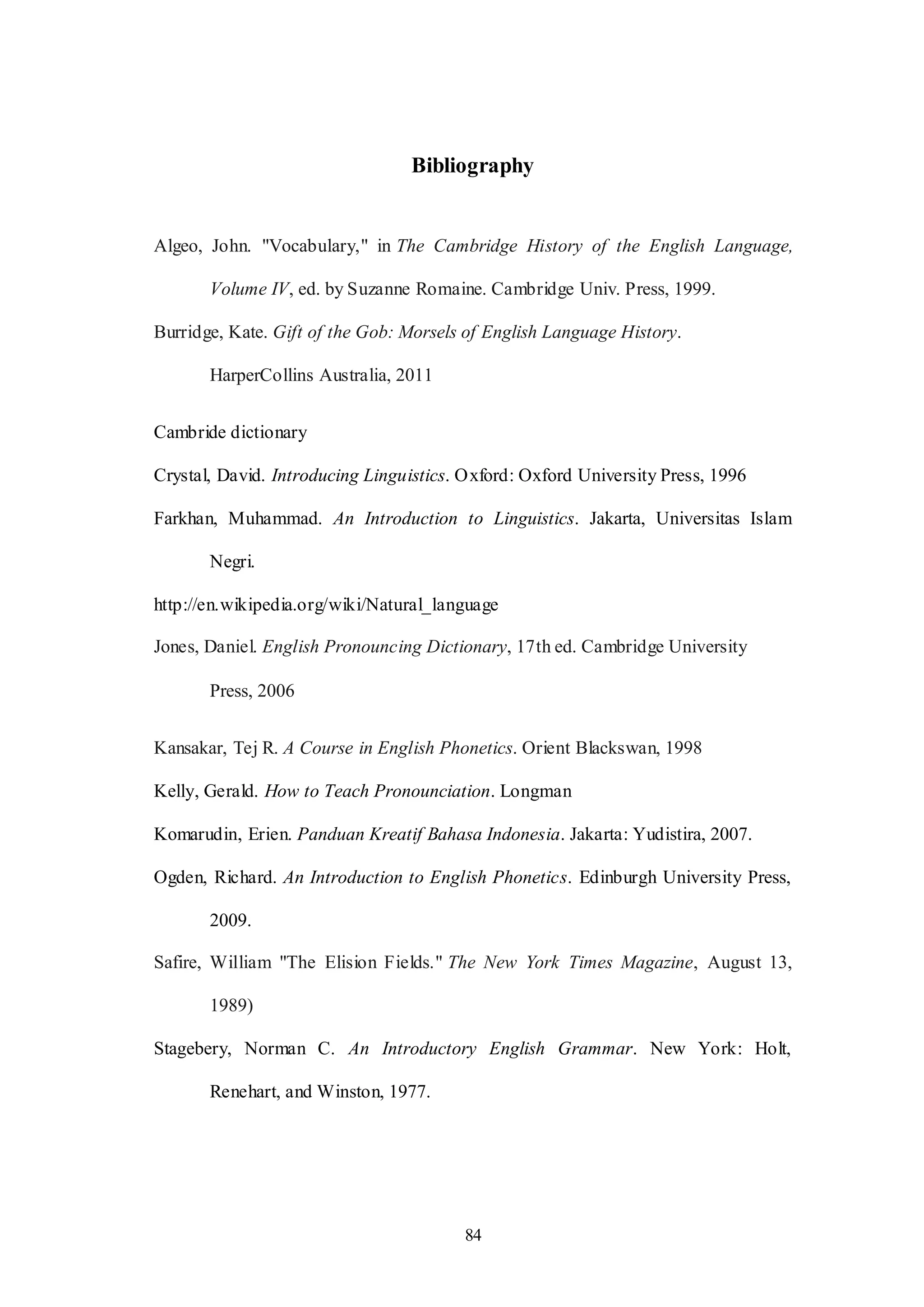 84
Bibliography
Algeo, John. "Vocabulary," in The Cambridge History of the English Language,
Volume IV, ed. by Suzanne Romaine. Cambridge Univ. Press, 1999.
Burridge, Kate. Gift of the Gob: Morsels of English Language History.
HarperCollins Australia, 2011
Cambride dictionary
Crystal, David. Introducing Linguistics. Oxford: Oxford University Press, 1996
Farkhan, Muhammad. An Introduction to Linguistics. Jakarta, Universitas Islam
Negri.
http://en.wikipedia.org/wiki/Natural_language
Jones, Daniel. English Pronouncing Dictionary, 17th ed. Cambridge University
Press, 2006
Kansakar, Tej R. A Course in English Phonetics. Orient Blackswan, 1998
Kelly, Gerald. How to Teach Pronounciation. Longman
Komarudin, Erien. Panduan Kreatif Bahasa Indonesia. Jakarta: Yudistira, 2007.
Ogden, Richard. An Introduction to English Phonetics. Edinburgh University Press,
2009.
Safire, William "The Elision Fields." The New York Times Magazine, August 13,
1989)
Stagebery, Norman C. An Introductory English Grammar. New York: Holt,
Renehart, and Winston, 1977.
 