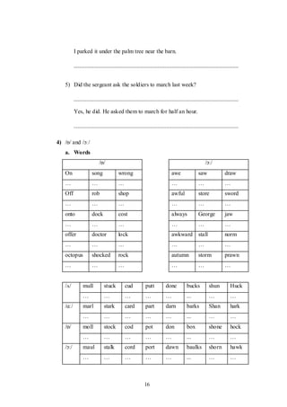 16
I parked it under the palm tree near the barn.
5) Did the sergeant ask the soldiers to march last week?
Yes, he did. He asked them to march for half an hour.
4) /ɒ/ and /ɔː/
a. Words
/ɒ/ /ɔː/
On song wrong awe saw draw
… … … … … …
Off rob shop awful store sword
… … … … … …
onto dock cost always George jaw
… … … … … …
offer doctor lock awkward stall norm
… … … … … …
octopus shocked rock autumn storm prawn
… … … … … …
/ʌ/ mull stuck cud putt done bucks shun Huck
… … … … … ... … …
/ɑː/ marl stark card part darn barks Shan hark
… … … … … ... … …
/ɒ/ moll stock cod pot don box shone hock
… … … … … ... … …
/ɔː/ maul stalk cord port dawn baulks shorn hawk
… … … … … ... … …
 