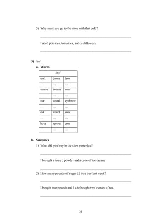 31
5) Why must you go to the store with that cold?
I need potatoes, tomatoes, and cauliflowers.
5) /aʊ/
a. Words
/aʊ/
owl down how
… … …
ounce brown now
… … …
our sound eyebrow
… … …
out towel vow
… … …
hour sprout cow
… … …
b. Sentences
1) What did you buy in the shop yesterday?
I brought a towel, powder and a cone of ice cream.
2) How many pounds of sugar did you buy last week?
I bought two pounds and I also bought two ounces of tea.
 