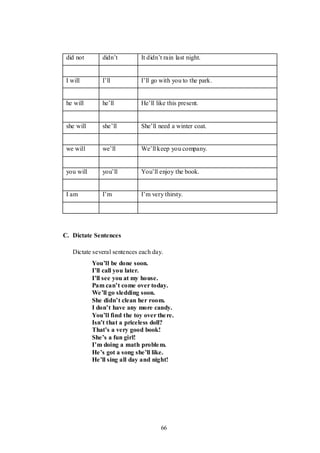 66
did not didn‟t It didn‟t rain last night.
I will I‟ll I‟ll go with you to the park.
he will he‟ll He‟ll like this present.
she will she‟ll She‟ll need a winter coat.
we will we‟ll We‟ll keep you company.
you will you‟ll You‟ll enjoy the book.
I am I‟m I‟m very thirsty.
C. Dictate Sentences
Dictate several sentences each day.
You’ll be done soon.
I’ll call you later.
I’ll see you at my house.
Pam can’t come over today.
We’ll go sledding soon.
She didn’t clean her room.
I don’t have any more candy.
You’ll find the toy over there.
Isn’t that a priceless doll?
That’s a very good book!
She’s a fun girl!
I’m doing a math problem.
He’s got a song she’ll like.
He’ll sing all day and night!
 