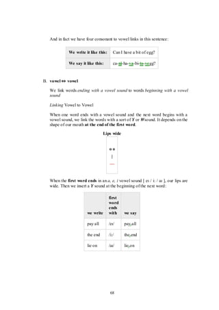 68
And in fact we have four consonant to vowel links in this sentence:
We write it like this: Can I have a bit of egg?
We say it like this: ca-ni-ha-va-bi-to-vegg?
B. vowel ⇔ vowel
We link words ending with a vowel sound to words beginning with a vowel
sound
Linking Vowel to Vowel
When one word ends with a vowel sound and the next word begins with a
vowel sound, we link the words with a sort of Y or Wsound. It depends on the
shape of our mouth at the end of the first word.
Lips wide
o o
|
—
When the first word ends in an a, e, i vowel sound [ eɪ / i: / aɪ ], our lips are
wide. Then we insert a Y sound at the beginning of the next word:
we write
first
word
ends
with we say
pay all /eɪ/ payyall
the end /i:/ theyend
lie on /aɪ/ lieyon
 