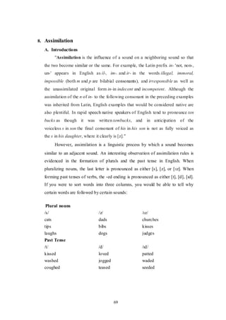 69
8. Assimilation
A. Introductions
"Assimilation is the influence of a sound on a neighboring sound so that
the two become similar or the same. For example, the Latin prefix in- 'not, non-,
un-' appears in English as il-, im-. and ir- in the words illegal, immoral,
impossible (both m and p are bilabial consonants), and irresponsible as well as
the unassimilated original form in-in indecent and incompetent. Although the
assimilation of the n of in- to the following consonant in the preceding examples
was inherited from Latin, English examples that would be considered native are
also plentiful. In rapid speech native speakers of English tend to pronounce ten
bucks as though it was written tembucks, and in anticipation of the
voiceless s in son the final consonant of his in his son is not as fully voiced as
the s in his daughter, where it clearly is [z]."
However, assimilation is a linguistic process by which a sound becomes
similar to an adjacent sound. An interesting observation of assimilation rules is
evidenced in the formation of plurals and the past tense in English. When
pluralizing nouns, the last letter is pronounced as either [s], [z], or [ɪz]. When
forming past tenses of verbs, the -ed ending is pronounced as either [t], [d], [ɪd].
If you were to sort words into three columns, you would be able to tell why
certain words are followed by certain sounds:
Plural nouns
/s/ /z/ /ɪz/
cats dads churches
tips bibs kisses
laughs dogs judges
Past Tense
/t/ /d/ /ɪd/
kissed loved patted
washed jogged waded
coughed teased seeded
 