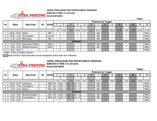 JADWAL PERKULIAHAN STBA PERTIWI KAMPUS TANGERANG
SEMESTER II TERM 2 TA. 2015-2016
KELAS KARYAWAN
TERM 2
1 2 3 4 5 6 7 8 9 10 11 12 13 14
11,06 18,06 19,06 25,06 23,07 24,07 30,07 31,07 06,08 07,08 13,08 14,08 20,08 27,08
1 08,00 - 09,30 Hislet* SEP * * * * * * MID * * * * * * FINAL
2 09,30 - 11,00 Conversation PAN/RAM * * * * * * MID * * * * * * FINAL
3 11,00 - 12,30 Phonology MIF * * * * * * MID * * * * * * FINAL
4 13,30 - 15,00 Indonesian Culture DHW * * * * * * MID * * * * * * FINAL
5 15,00 - 16,30 Bahasa Indonesia DHW * * * * * * MID * * * * * * FINAL
6 16,30 - 18,00 * * * * * * * * * * * * * FINAL
* Hislet = History of English Literature
kelas tambahan dapat disesuaikan sesuai kesepakatan antara dosen dan mahasiswa
JADWAL PERKULIAHAN STBA PERTIWI KAMPUS TANGERANG
SEMESTER IV TERM 2 TA. 2015-2016
KELAS KARYAWAN `
TERM 2
1 2 3 4 5 6 7 8 9 10 11 12 13 14
11,06 18,06 19,06 25,06 23,07 24,07 30,07 31,07 06,08 07,08 13,08 14,08 20,08 27,08
1 08,00 - 09,30 Listening 3 RAM09,00 - 10,00
09,00 - 10,00
09,00 - 10,00
09,00 - 10,00 * * MID * * * * * * FINAL
2 09,30 - 11,00 Translation 2 MIF10,00 - 11,00
10,00 - 11,00
10,00 - 11,00
10,00 - 11,00 * * MID * * * * * * FINAL
3 11,00 - 12,30 Drama PAN11,00 - 12,00
11,00 - 12,00
11,00 - 12,00
11,00 - 12,00 * * MID * * * * * * FINAL
4 13,30 - 15,00 Business English 1 ANJ12,30 - 13,30
12,30 - 13,30
12,30 - 13,30
12,30 - 13,30 * * MID * * * * * * FINAL
5 15,00 - 16,30 Conversation 4 MAR13,30 - 14,30
13,30 - 14,30
13,30 - 14,30
13,30 - 14,30 * * MID * * * * * * FINAL
6 16,30 - 18,00 * * * * * * * * * * * * * FINAL
ISTIRAHAT
ISTIRAHAT
No Waktu Mata Kuliah DS ROOM
Pertemuan ke/ Tanggal
No Waktu Mata Kuliah DS ROOM
Pertemuan ke/ Tanggal
 