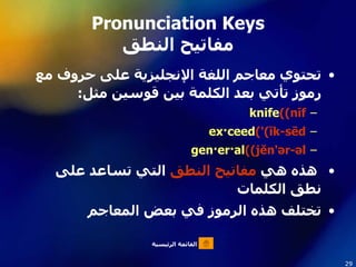 Pronunciation Keys مفاتيح النطق <ul><li>تحتوي معاجم اللغة الإنجليزية على حروف مع رموز تأتي بعد الكلمة بين قوسين مثل : </li...